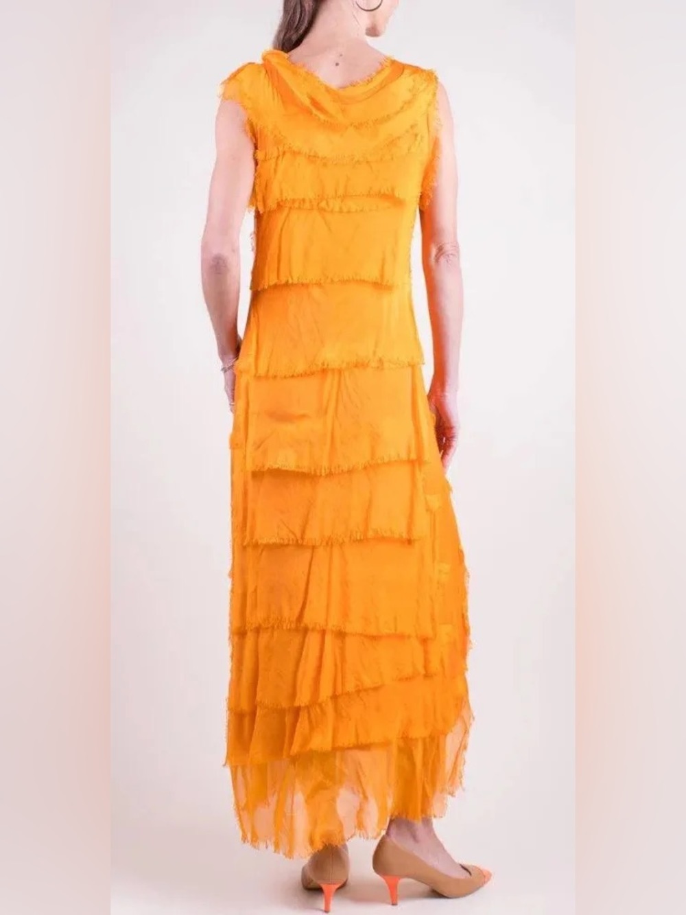 Anna Melani NWT Silk Blend Made in Italy Tangerine Tiered Fringe Maxi Dress - Picture 6 of 7